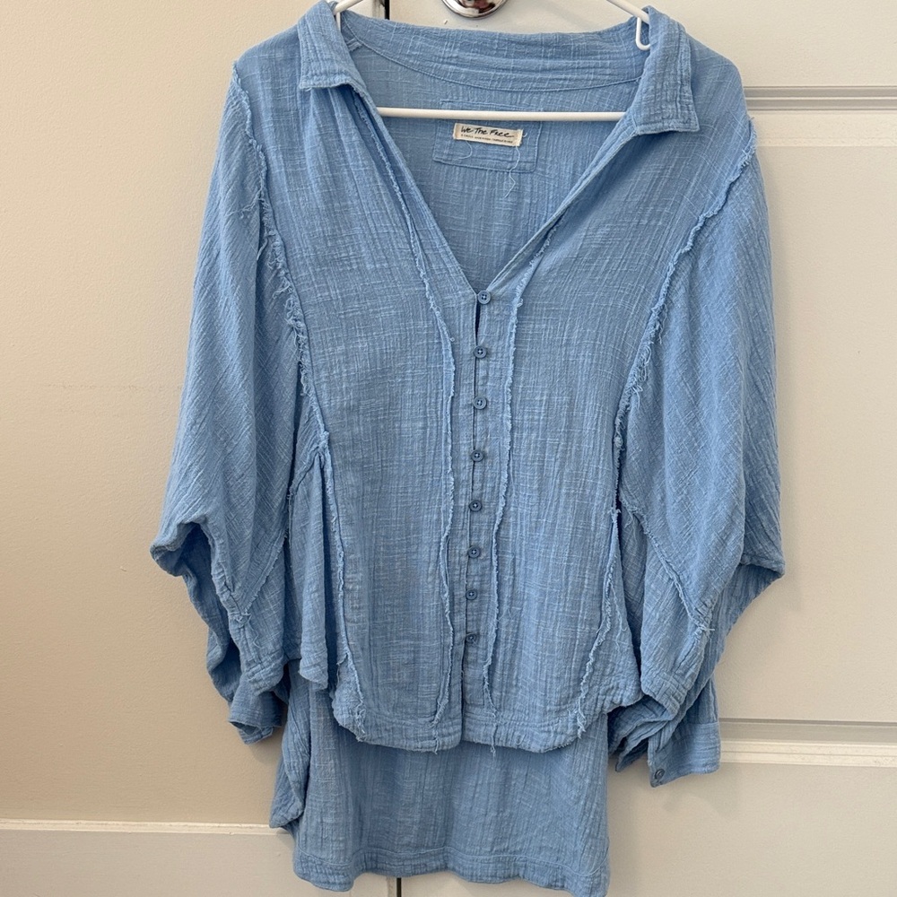 We The Free Light Blue Gauze Button-Front Top
